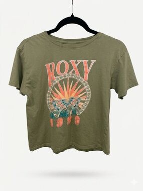 Roxy Olive Green Graphic Tee with Orange and Yellow Print